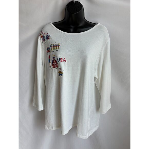 Vintage Quaker Factory White Embroidered Blouse USA Quirky Size L Novelty Funky - Picture 1 of 11